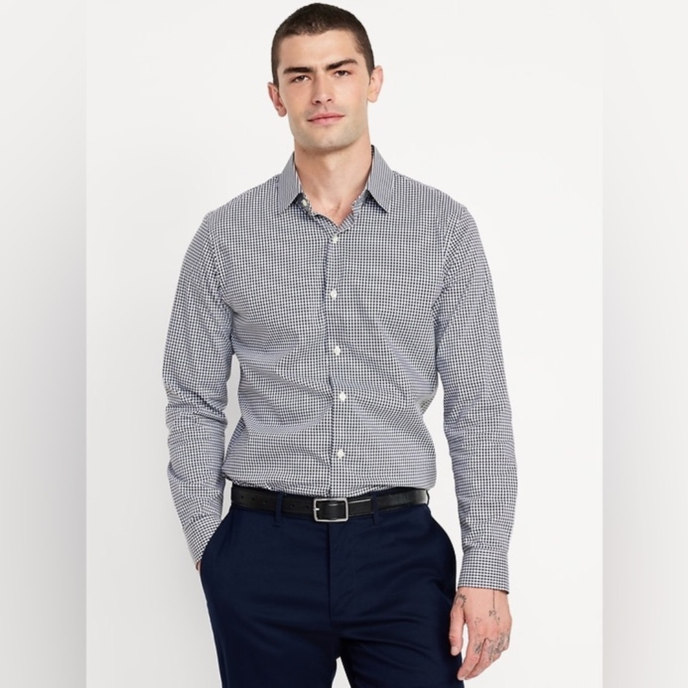 Old Navy Pro Signature Slim Fit‎ Button-Down Shirt L Black White Gingham Go-Dry